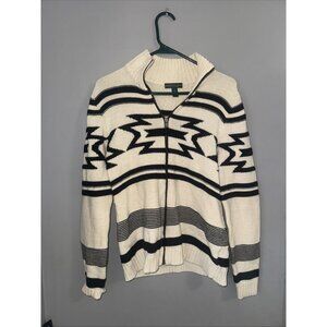 LRL Lauren Jeans Co. Full Zip Ivory/Black Aztec Style Sweater 100% Cotton Size L